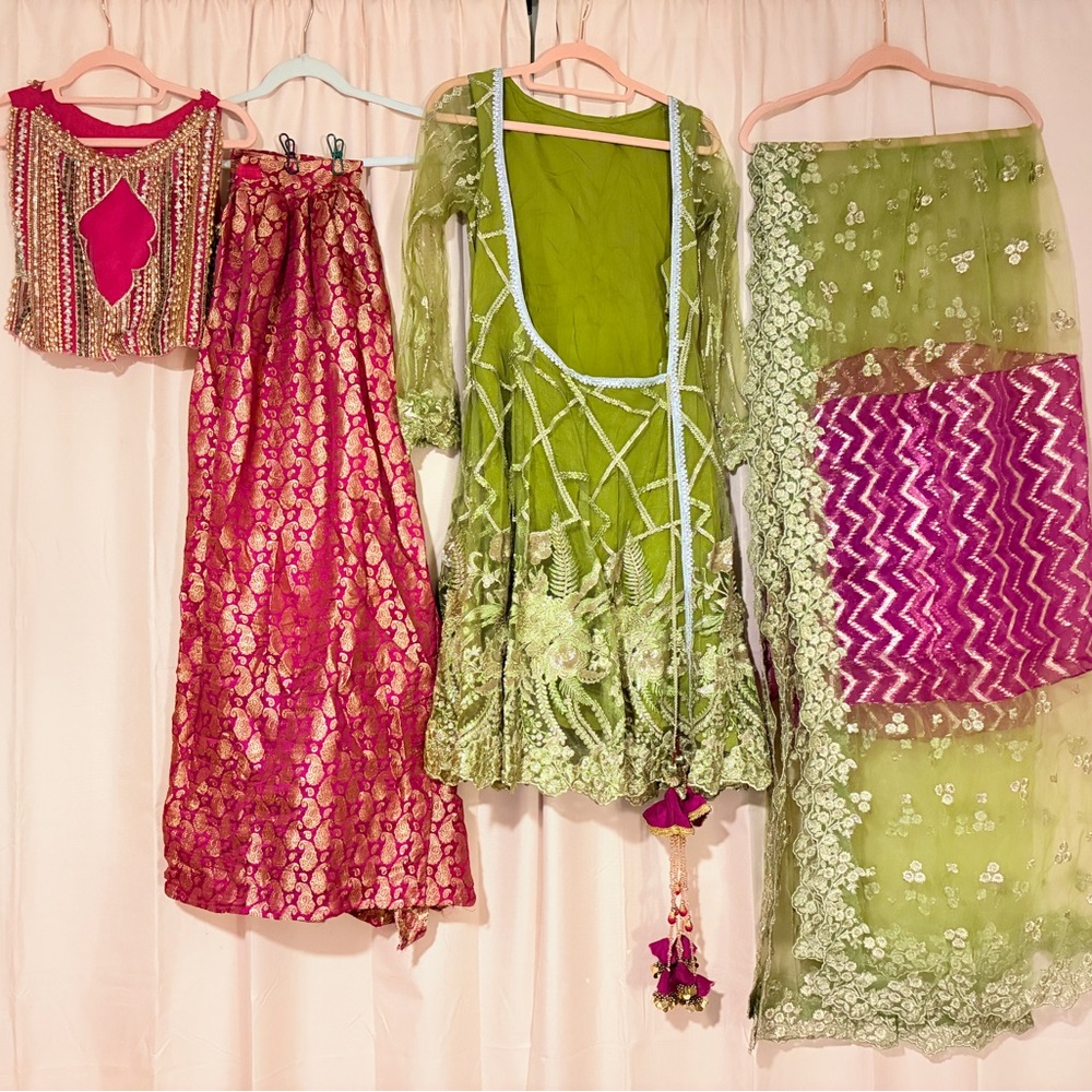 Vibrant Green and Pink Traditional Pakistani 4 piece Lehenga